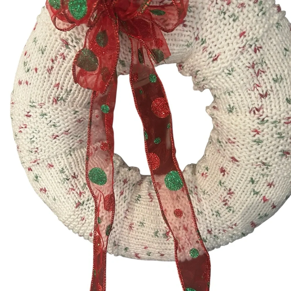 handcrafted soft  knitted Christmas wreath red and green polka dot ribbon